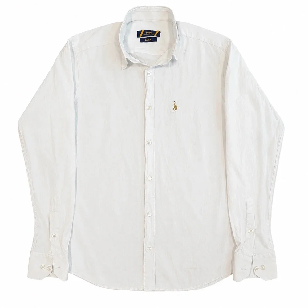 Polo Ralph Lauren Shirt Mens Large White Cotton Bamboo Button Down Classic Pony